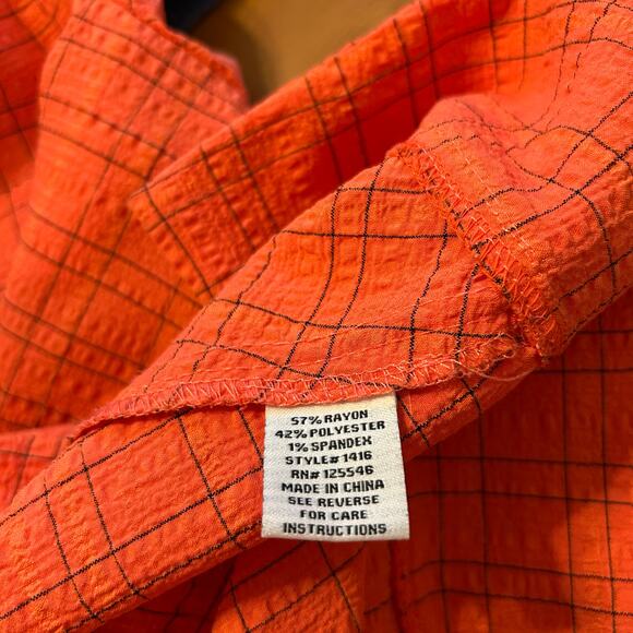 Habitat Crinkle Button Up Top Size Medium V-Neck Blouse Orange Plaid Lagenlook - Picture 2 of 4
